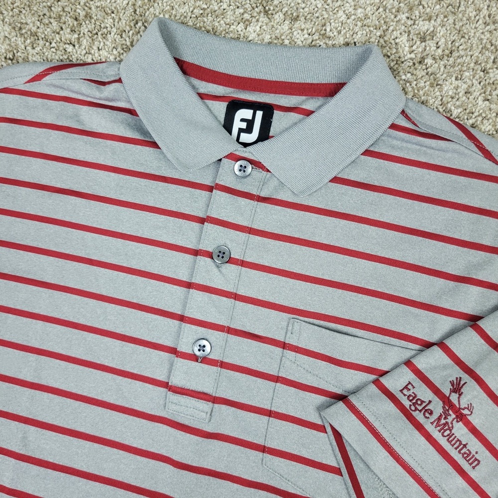 FootJoy Mens Medium Gray Red Striped Performance Stretch Golf Polo Short Sleeve